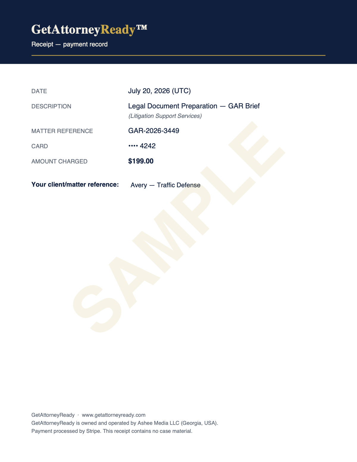 Sample per-matter receipt, marked SAMPLE